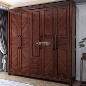 Almari Pakaian Kayu Solid 4 Pintu Elegan Klasik