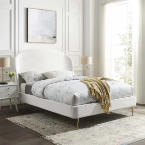 Bed Frame Velvet Putih Desain Lengkung Minimalis