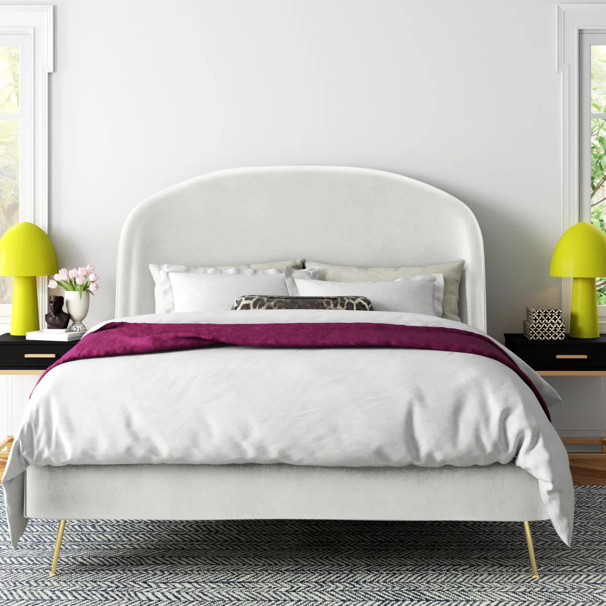 Bed Frame Velvet Putih Desain Lengkung Minimalis