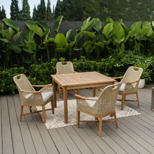 Dining Set Teras Minimalis Kayu Jati & Kursi Rotan Sintetis