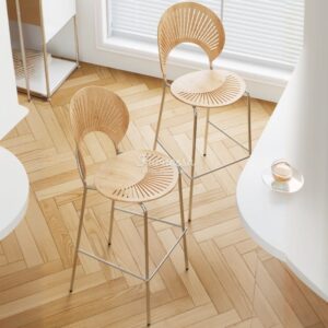 Kursi Bar Modern Motif Kayu dengan Sandaran Lengkung (3)