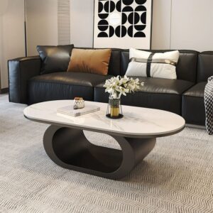 Meja Kopi Oval Modern Minimalis dengan Top Marmer