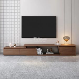 Meja TV Credenza Minimalis Warna Walnut dengan Drawer Penyimpanan