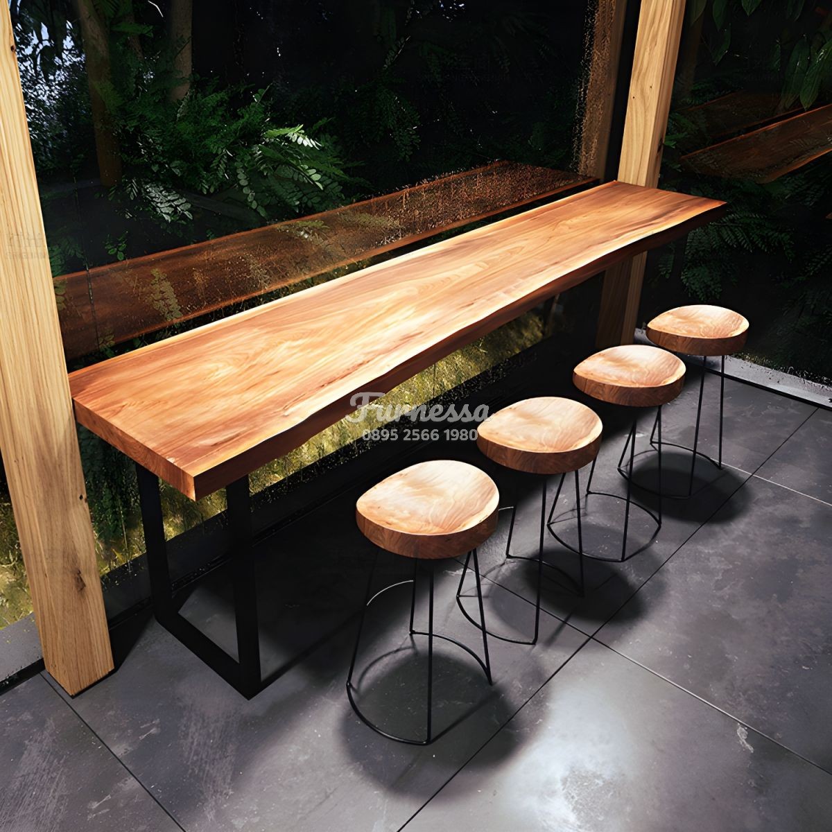 Set Meja Bar Kayu Solid Industrial Minimalis dengan Bangku Tinggi