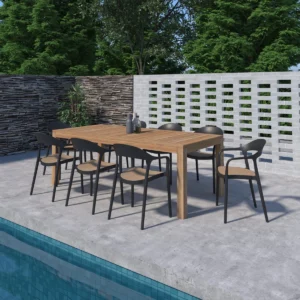 Set Meja Makan Outdoor Kayu Jati & Resin 9 Kursi