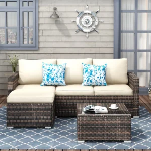 Set Sofa Rotan Sintetis Outdoor 3 Seater dengan Meja Kaca