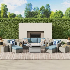 Sofa set rotan sintetis outdoor 7 seater dengan cushion empuk & bantal dekorasi. Tahan cuaca, elegan, dan fleksibel—pilihan sempurna untuk mempercantik teras atau taman Anda.