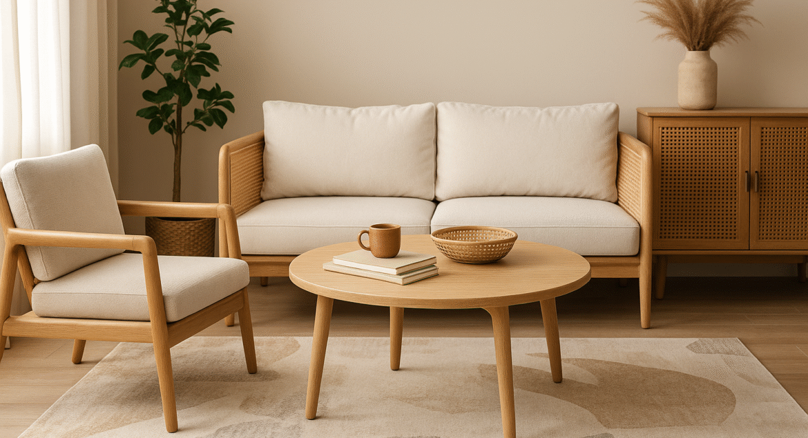 Sofa Rotan dengan rangka kayu solid warna khaki