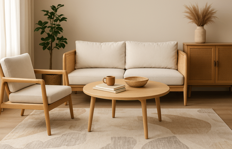 Sofa Rotan dengan rangka kayu solid warna khaki