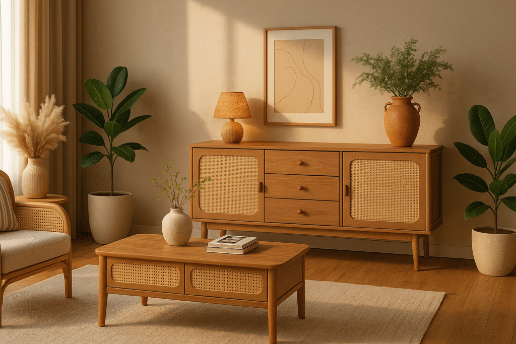 Furniture ruang tamu warna khaki tampak elegan