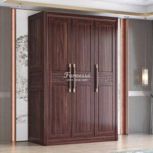 Lemari Pakaian 3 Pintu Kayu Solid Warna Cokelat Tua
