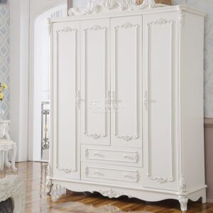 Lemari Pakaian Klasik 4 Pintu Warna Putih Duco Elegan