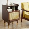 Nakas Kayu Solid Modern Vintage Kaki Emas & Pintu Rotan