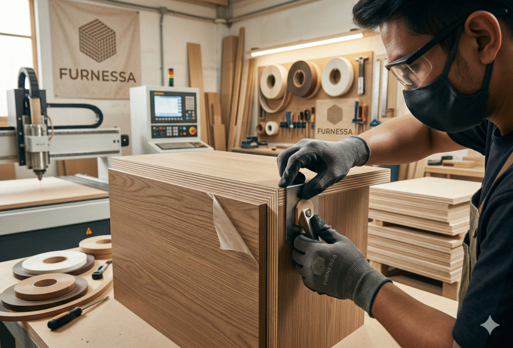 Proses Seamless Edging dan Detail Tekstur Kayu HPL High-Grade di Workshop Furnessa