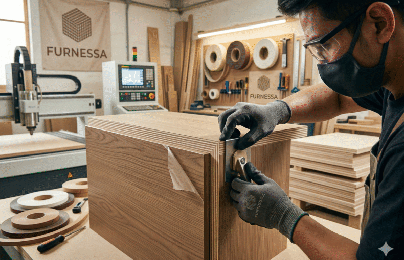 Proses Seamless Edging dan Detail Tekstur Kayu HPL High-Grade di Workshop Furnessa