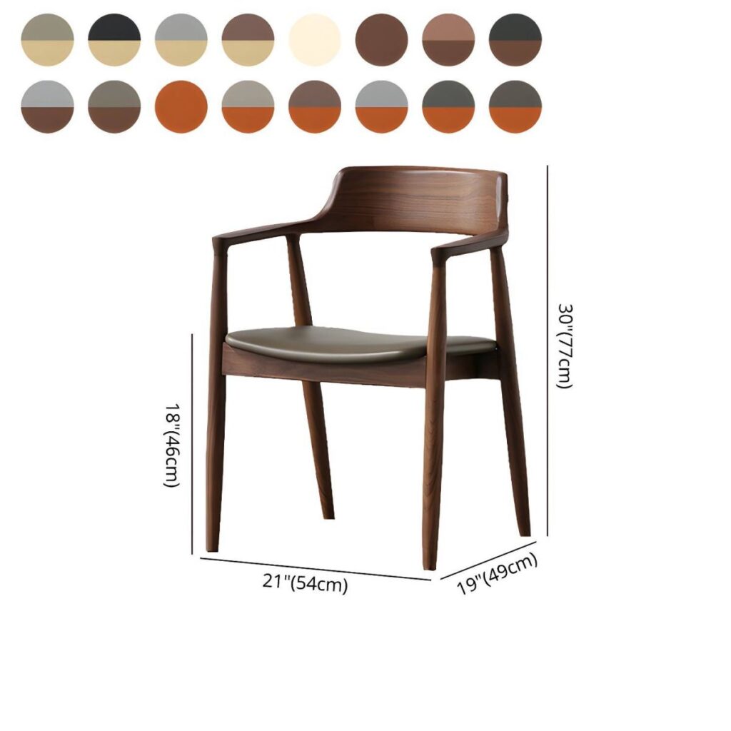 Kursi kayu solid bergaya Scandinavian dengan sandaran ergonomis dan armrest. Ukuran 77 × 54 × 49 cm, tersedia pilihan dudukan fabric atau tanpa bantalan. Cocok untuk ruang makan, kafe, restoran, dan ruang kerja.