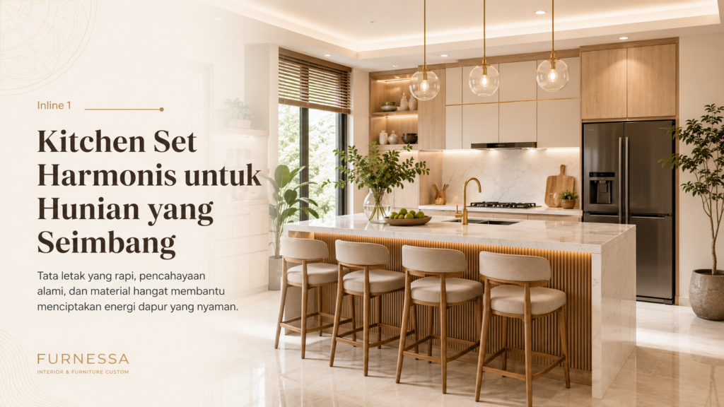 Kitchen set modern harmonis bernuansa kayu dan putih dengan island, pencahayaan alami, serta desain sesuai prinsip Feng Shui.